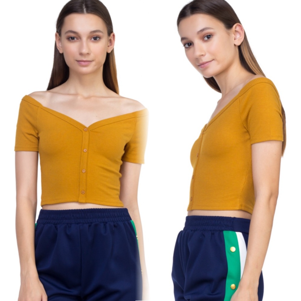Mustard Off-Shoulder Button-Up Top - Picture 4 of 7